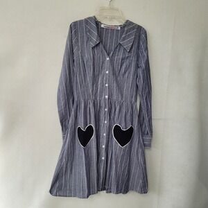 ModCloth A Beautiful Mess Dress Girls Sz M Blue Stripe Heart Pocket Button Front